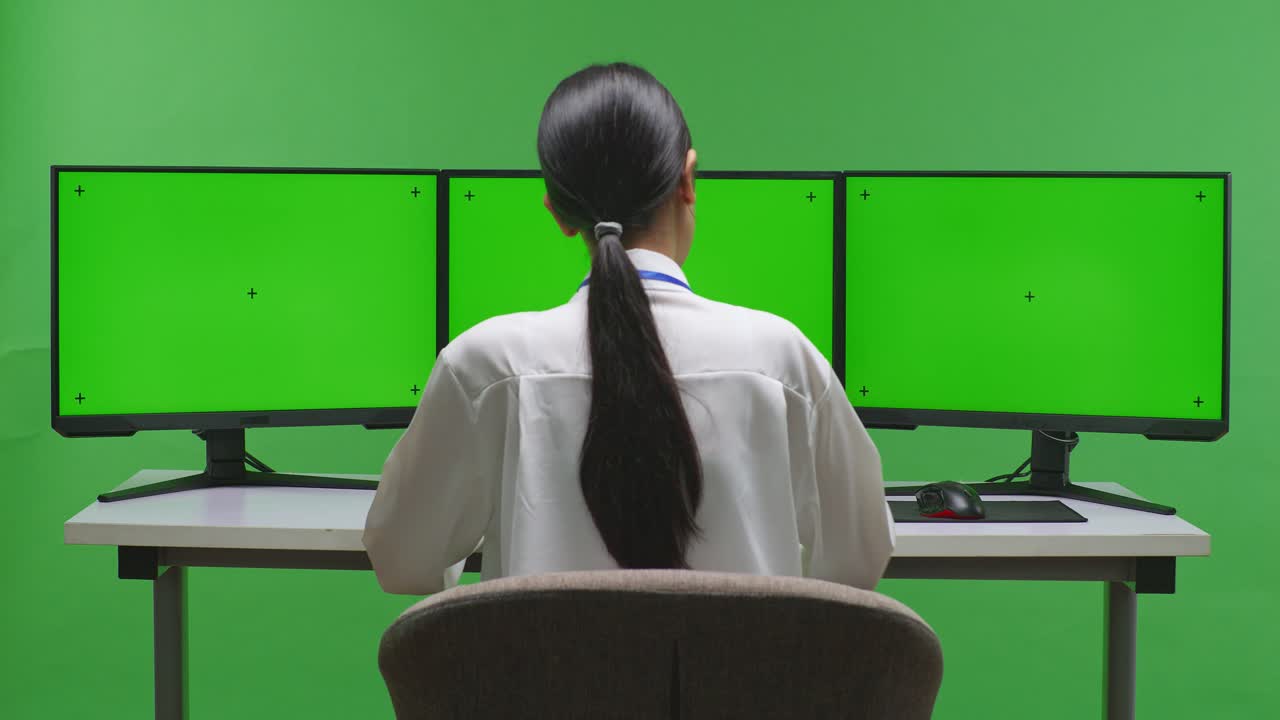 mujer trabajando en una configuración de monitor triple con pantalla verde