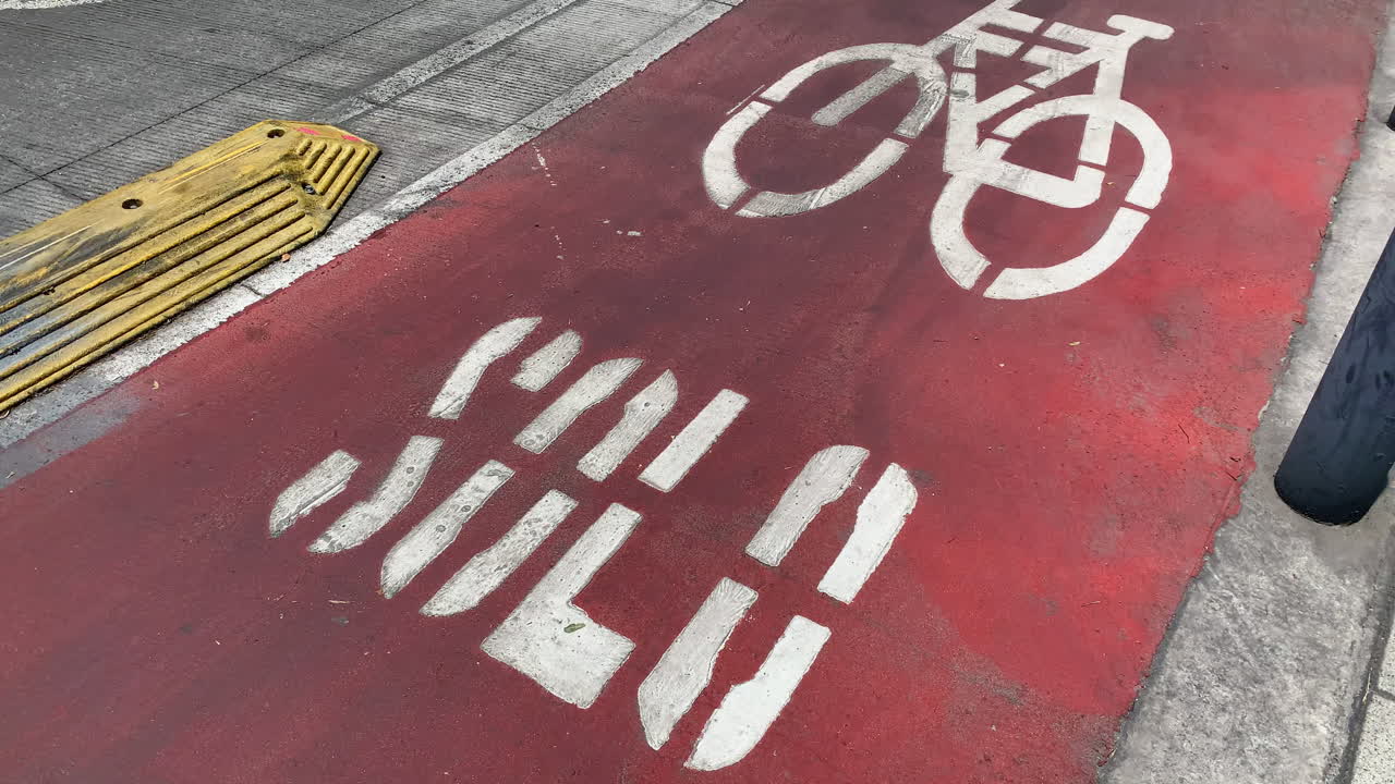 señal de bicicleta en el pavimento rojo junto a la fila de bolardos en la ciudad de méxico