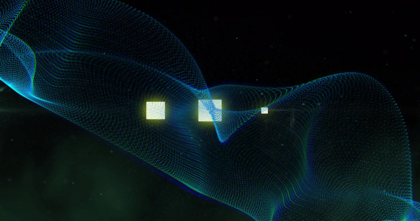 Mesh drifting in from left wrapping squares then pulsing glow drifting out mapping network flow
