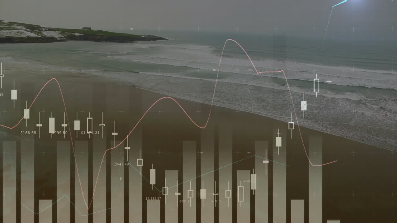 Animating financial data charts and graphs over coastal landscape with ocean view