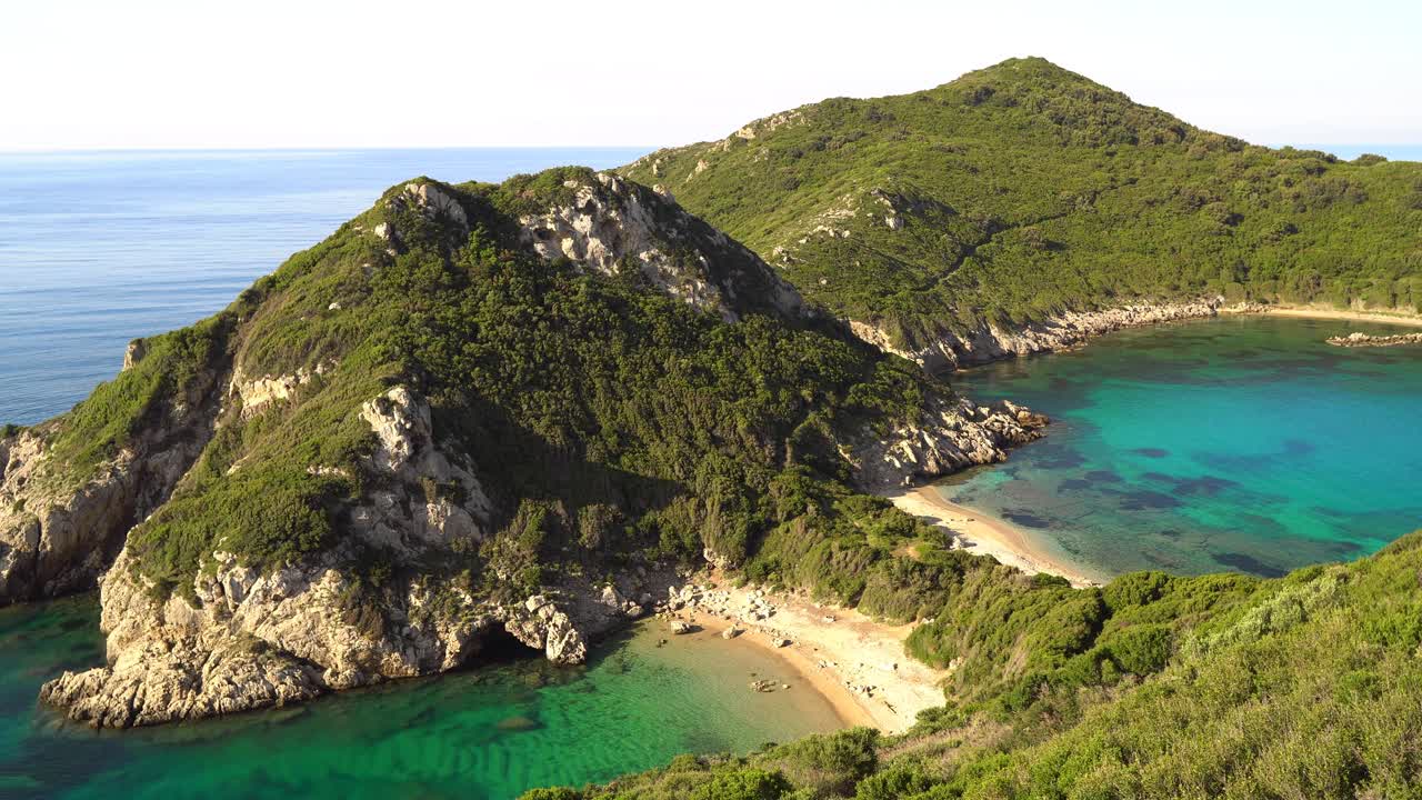 Smooth panning shot of Porto Timoni, in the early morning light on the Island of Corfu.
