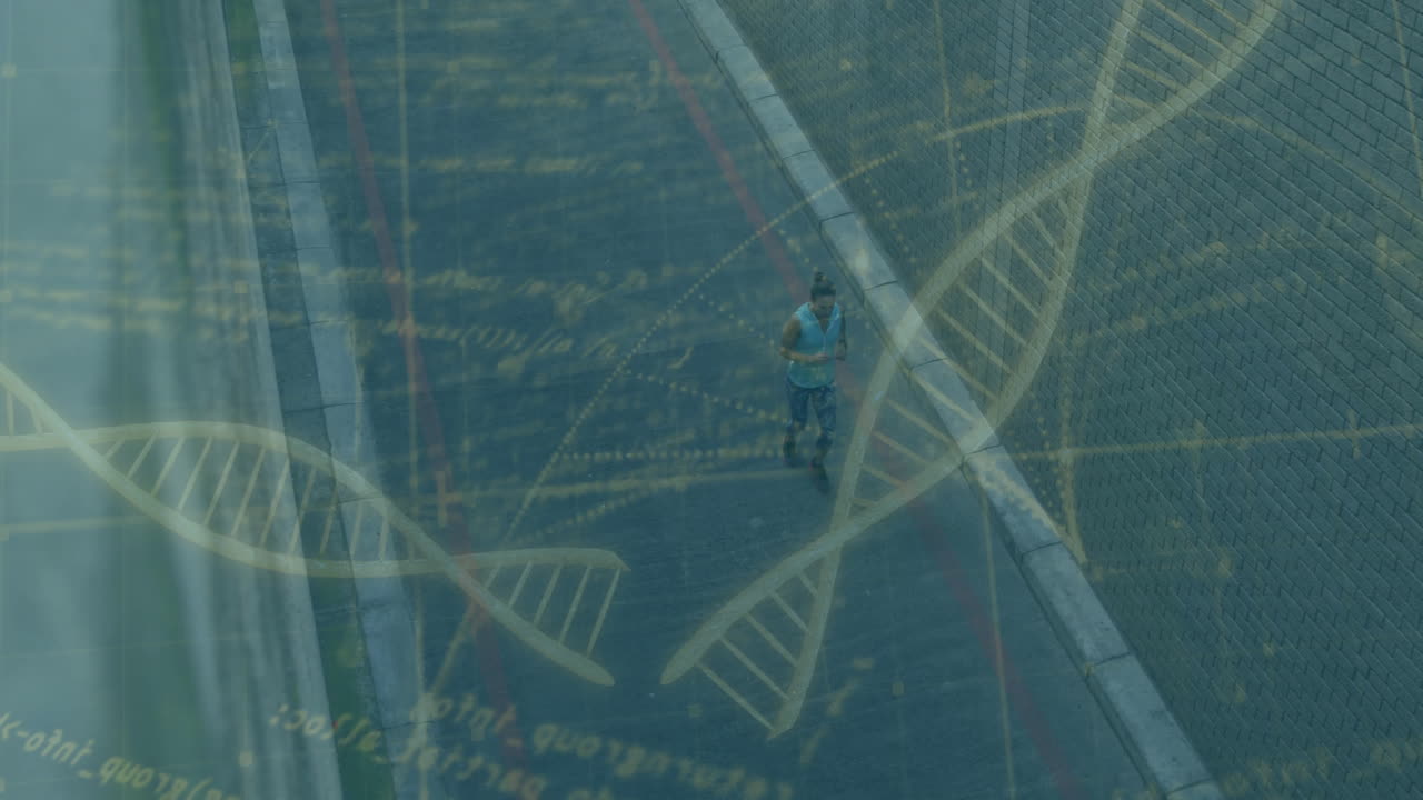 Runner on urban street with DNA strand and data processing animation overlay