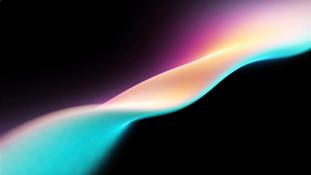 Elongating bulging crest forming glowing ribbon across black void, cycling cyan, settling S-shape