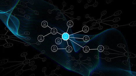 animation of network of connections with icons over blue glowing mesh