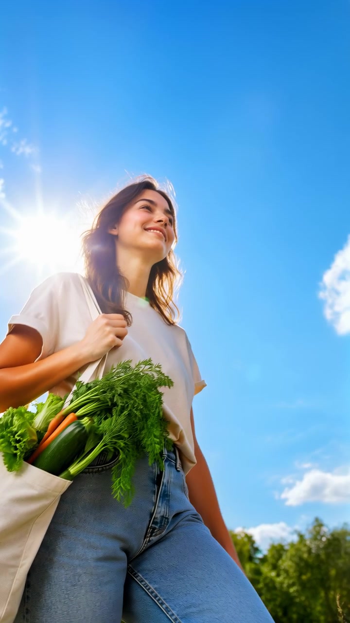 Donna sorridente si muove in un ambiente esterno soleggiato con una borsa della spesa piena di prodotti sulla spalla, mentre una prospettiva dal basso inquadra verdure verdi, cielo blu, nuvole soffici, luce solare e alberi