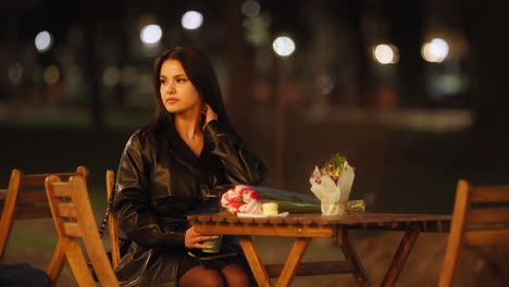 Lonely-young-brunette-girl-sitting-at-restaurant-table-touching-hair-while-waiting