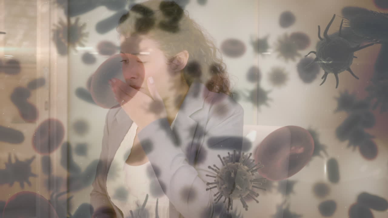 Animazione di coronavirus con donna malata sullo sfondo