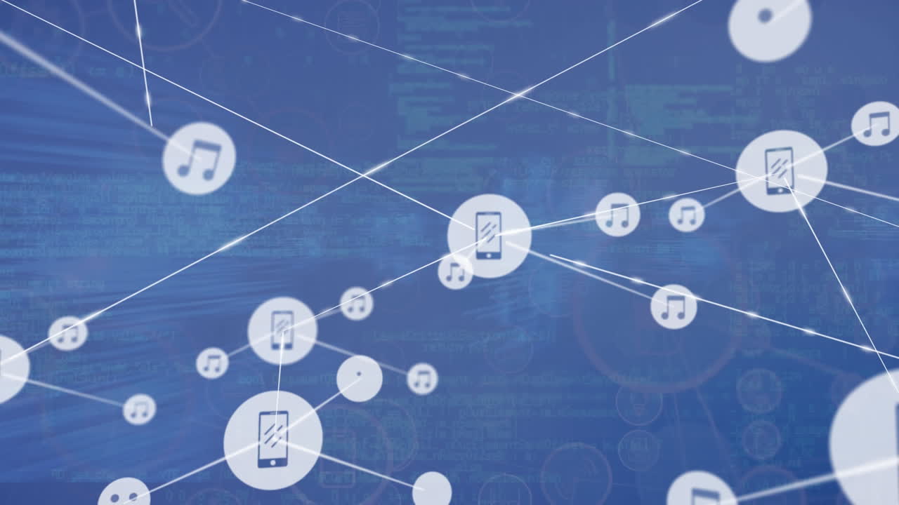 파란색 배경에 디지털 아이콘으로 연결 네트워크의 애니메이션