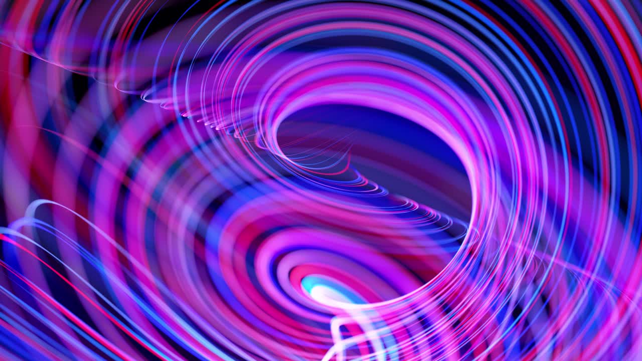 Motion graphics, sci-fi bg. Stream of red blue neon lines form spiral shape, curls and pattern. Abstract looped background with light trails, Modern trendy motion design background.