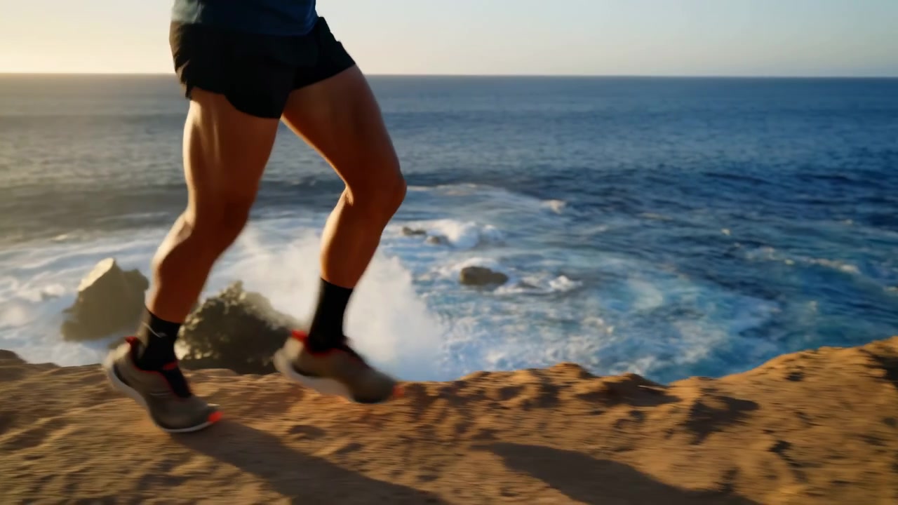 Close view follows lower body of runner traveling across uneven shoreline path, showing rhythmic steps, textured rocks, ocean water, and golden natural lighting with dynamic side composition.