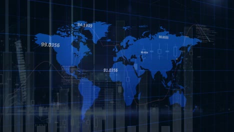 Animación-De-Estadísticas-Y-Números,-Procesamiento-De-Datos-Financieros-Sobre-El-Mapa-Mundial