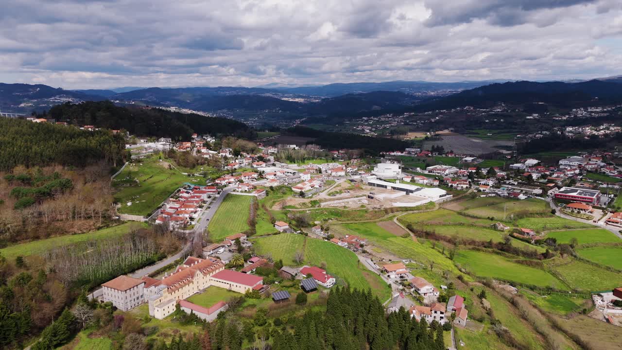 Aerial view of Lagares village in Felgueiras Portugal with green hills