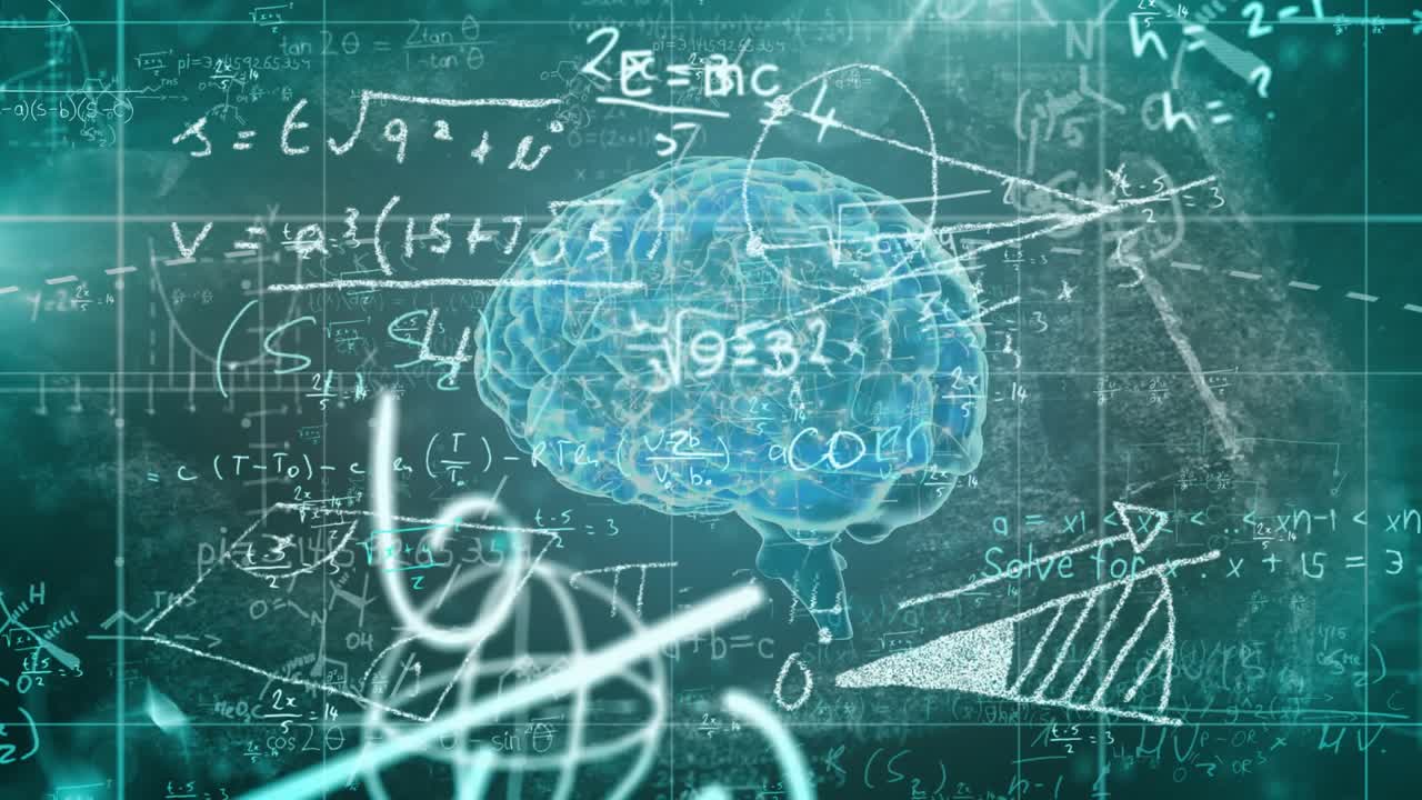translucent blue brain illustration floating on chalk style teal grid showing formulas and diagrams