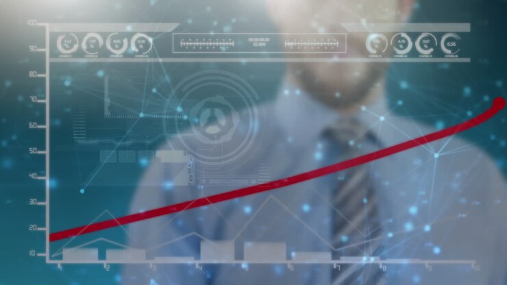 Animation of businessman drawing red line over interactive screen with data processing