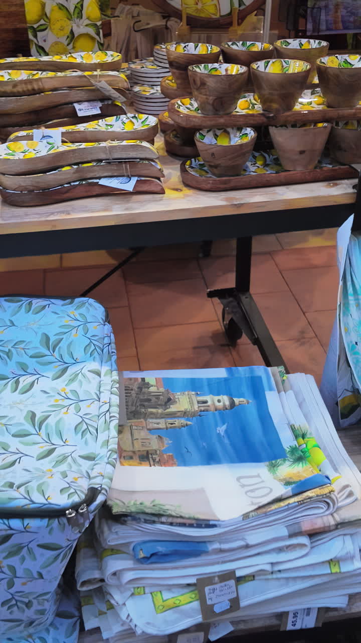 Close up of lemon decorated kitchenware at a store in Menton, France. Vertical