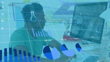 animación de las estadísticas y el procesamiento de datos financieros sobre el empresario utilizando la computadora en la oficina