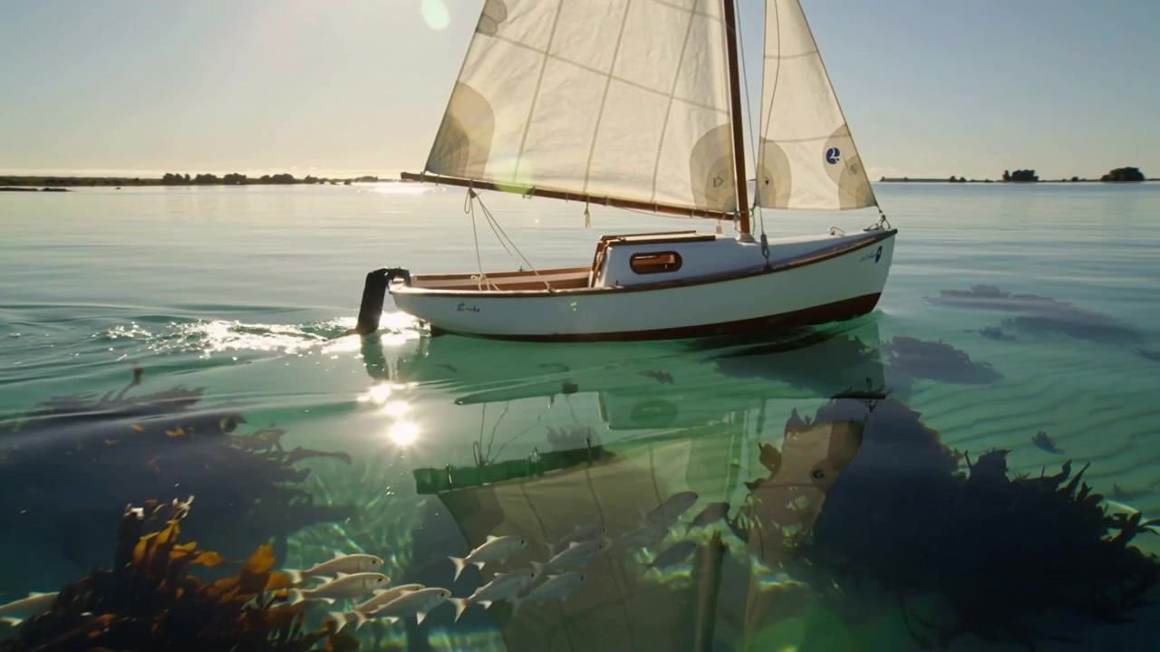 Uno sloop bianco scivola con le vele spiegate, la brezza che gonfia le vele e il motore fuoribordo abbassato, aumentando la velocità.