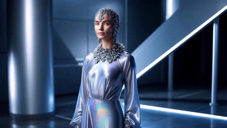 futuristic fashion portrait of a woman in an iridescent silver dress