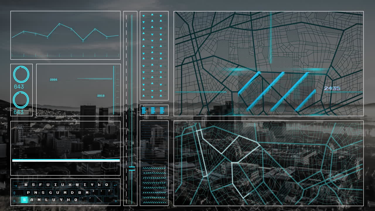 Animation of data processing, cityscape and connections