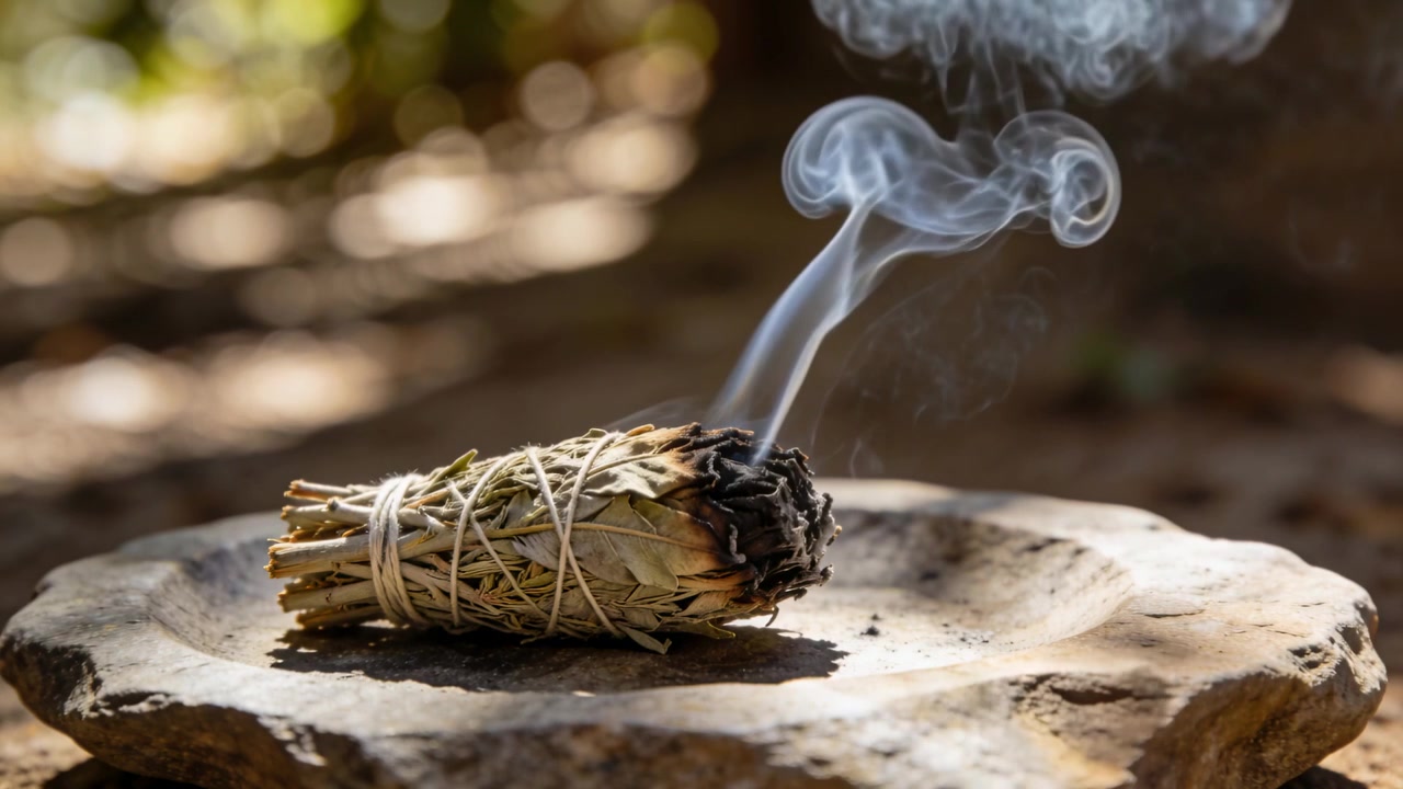 Smoldering smudge bundle releasing curling smoke in shaded garden, resting on stone dish with ash
