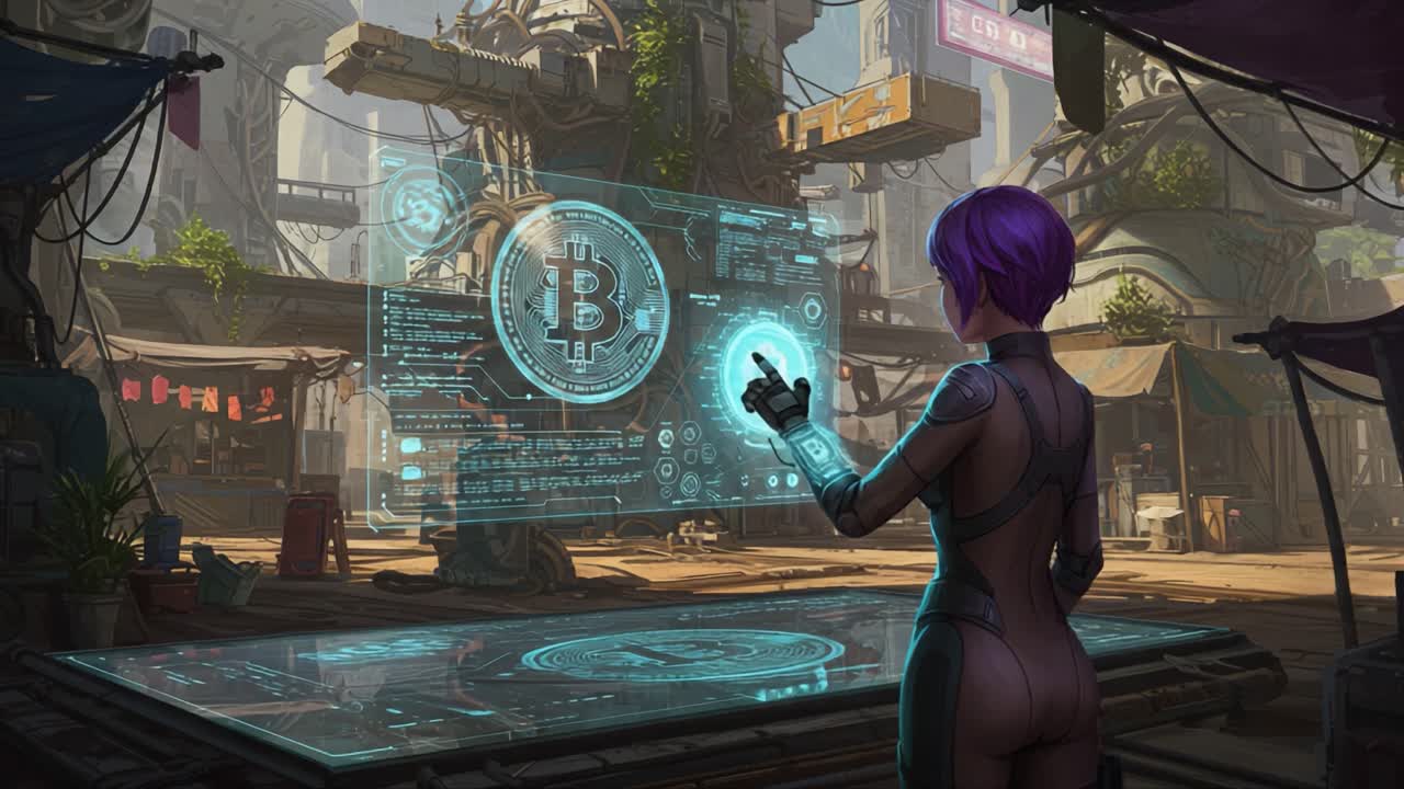 Woman Interacting with Holographic Bitcoin Display in a Futuristic Cyberpunk City