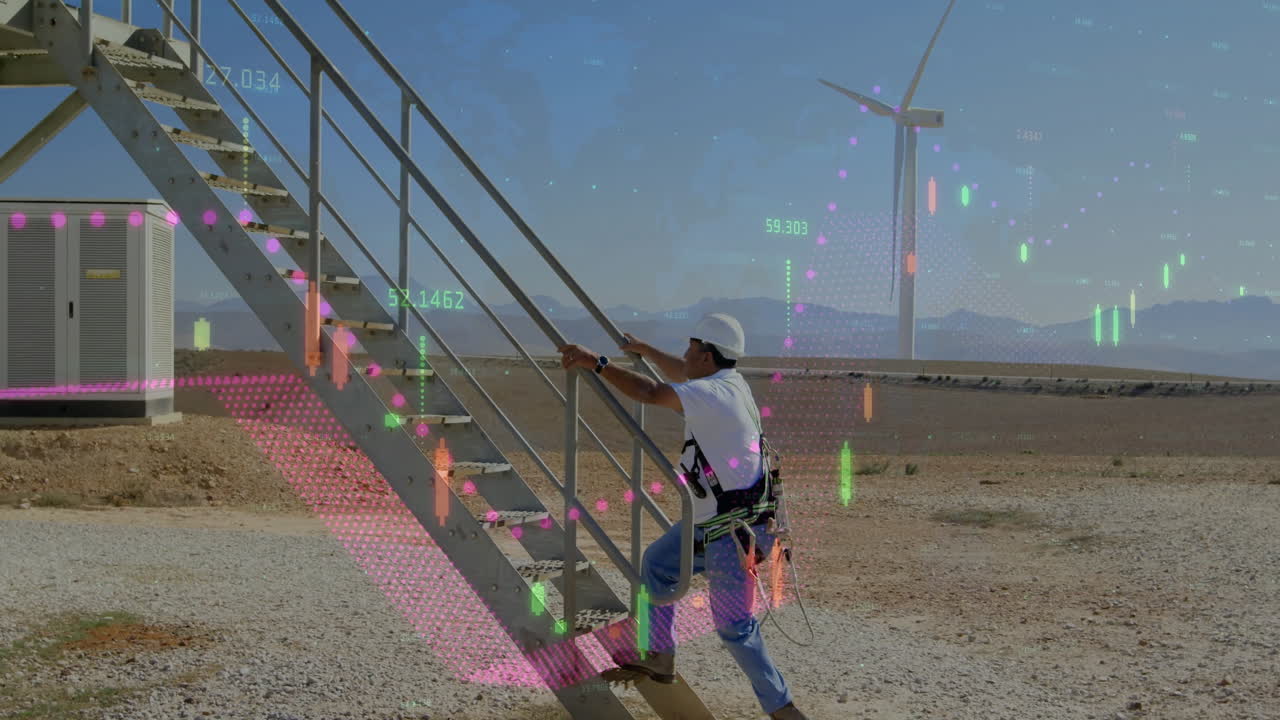 Man climbing stairs at wind farm with financial data animation overlay
