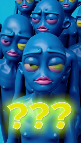 sad alien crowd with question marks