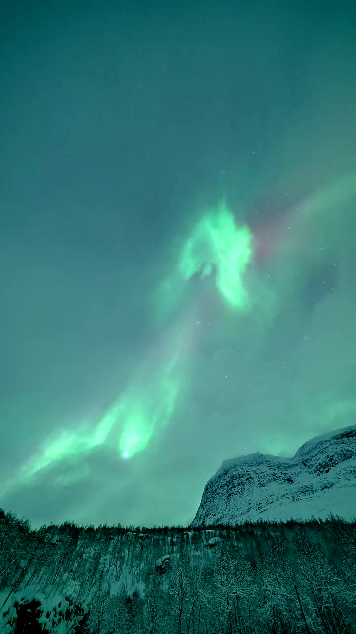 Filmato verticale in time-lapse dell'Aurora Boreale che illumina il cielo notturno sopra una montagna innevata a Tamokdalen, Norvegia. Ideale per temi di natura, viaggio e celesti.