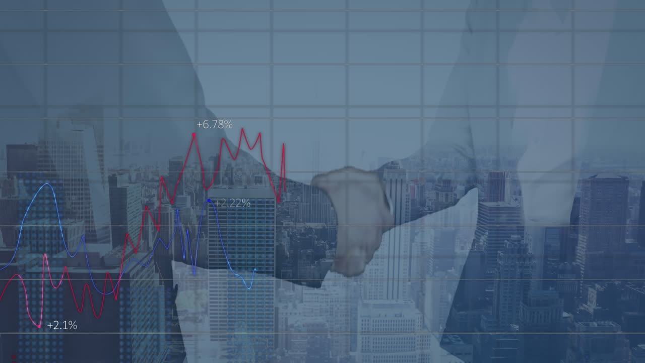 animación del procesamiento de datos sobre el apretón de manos de un hombre de negocios