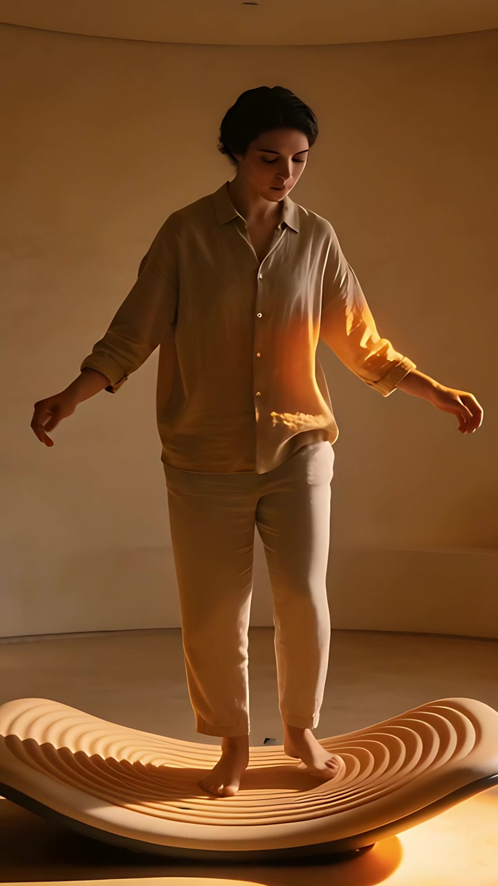 Video verticale: Donna in abito beige che sale su una tavola curva e sposta il peso in studio.