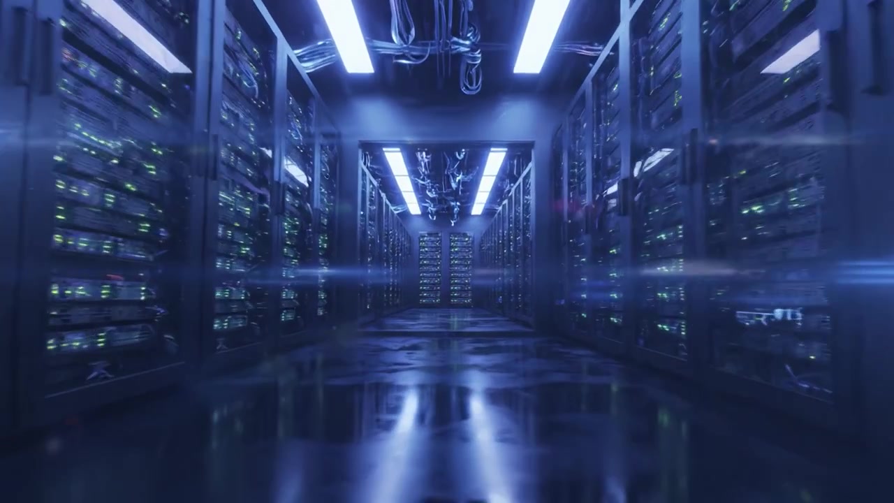 Et imponerende visuelt billede af et futuristisk datacenter fyldt med avanceret serverteknologi, der fremhæver de komplekse sammenkoblinger og oplyste stier for forbedret ydeevne.