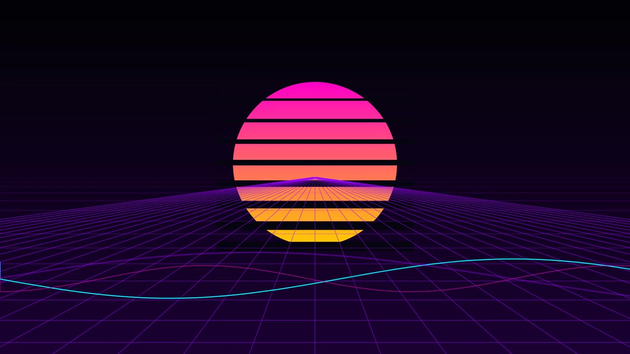Retro Synthwave Style Sunset Over Digital Grid Landscape