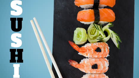 animación de sushi y plato de sushi con palos en fondo azul