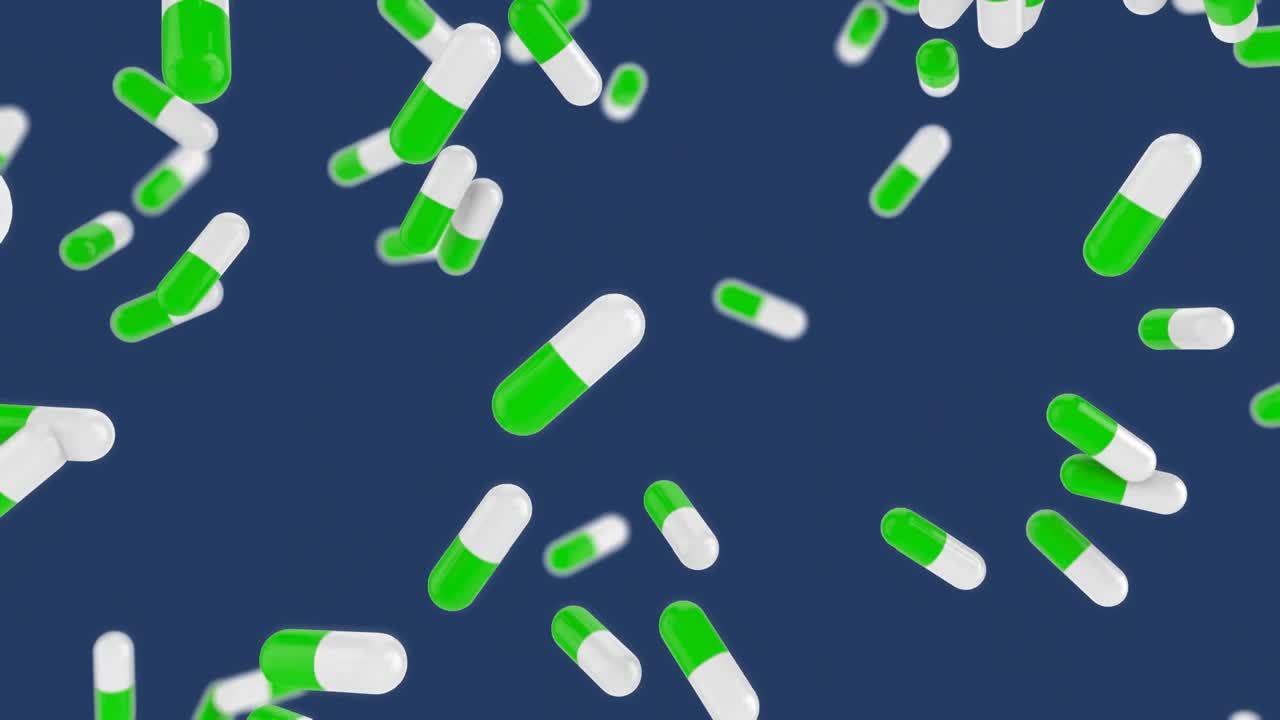 Animazione di una pillola verde e bianca che cade su sfondo blu.