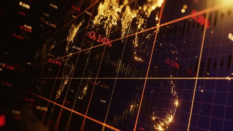 3d animation of graphs and counters on the background of the gold earth map with defocus. golden corporate background. 3d 4k loop animation