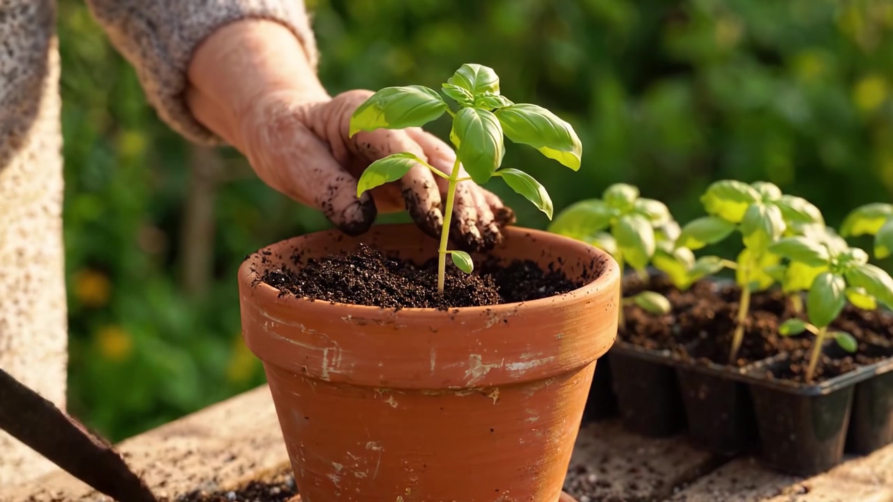 Coltivare la vita: l'arte di invasare piante di basilico fresco con cura ed esperienza, mentre le mani maneggiano delicatamente terra e piantine in un vivace ambiente da giardino.