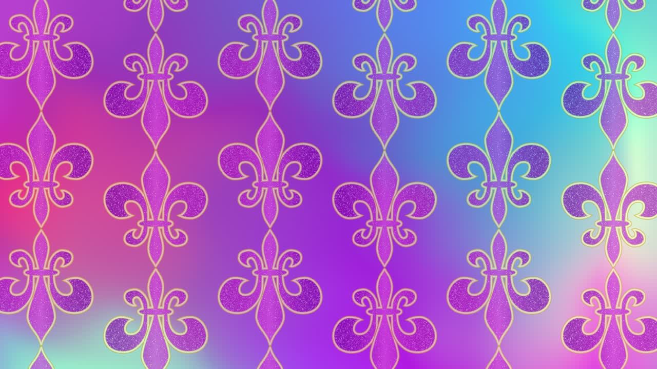Mardi Gras Fat Tuesday. Animation background with purple Fleur-de-Lis lily symbols on beautiful neon screen. Venetian carnival Mardi Gras greeting. 4k video graphic motion