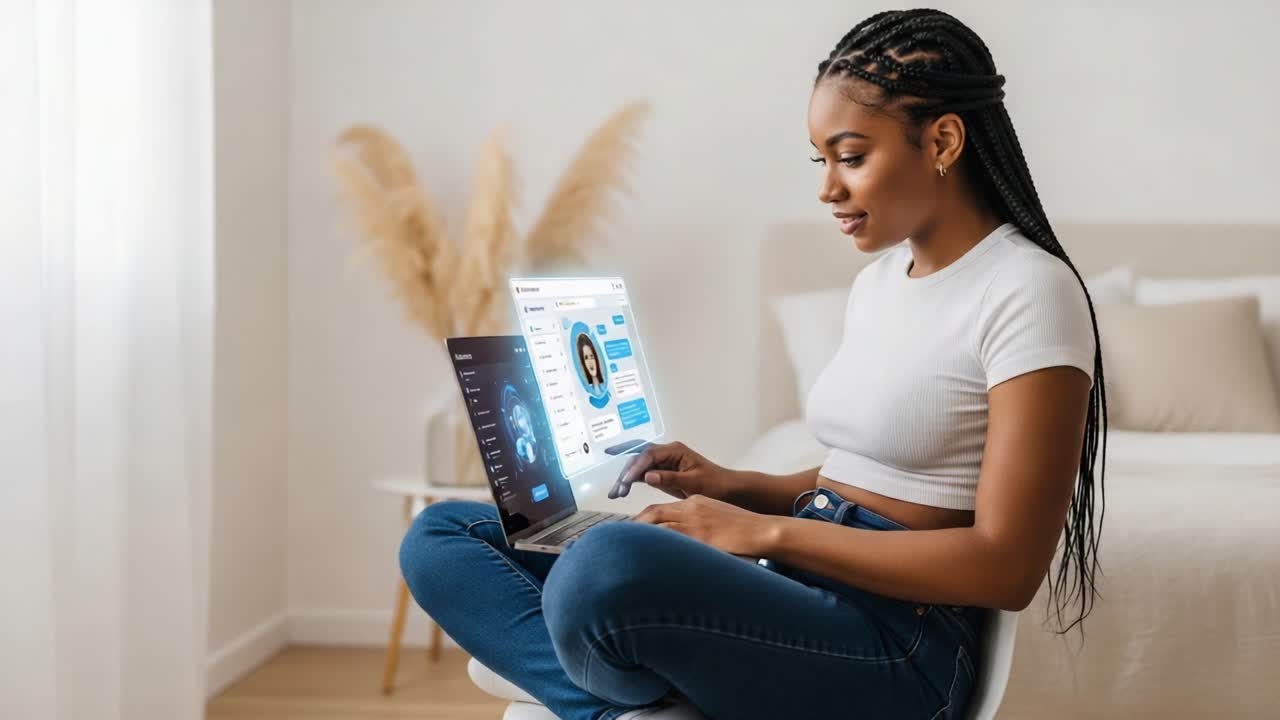Engaged in Digital Interaction: A Young Woman Utilizing Technology for Communication and Connectivity While Sitting Comfortably at Home