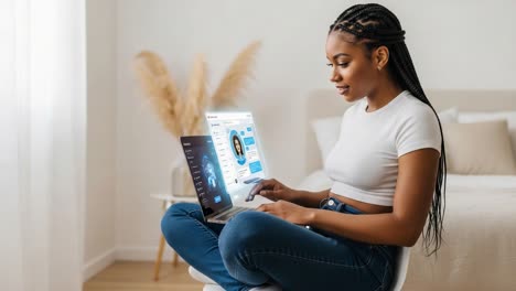 engaged in digital interaction: a young woman utilizing technology for communication and connectivity while sitting comfortably at home