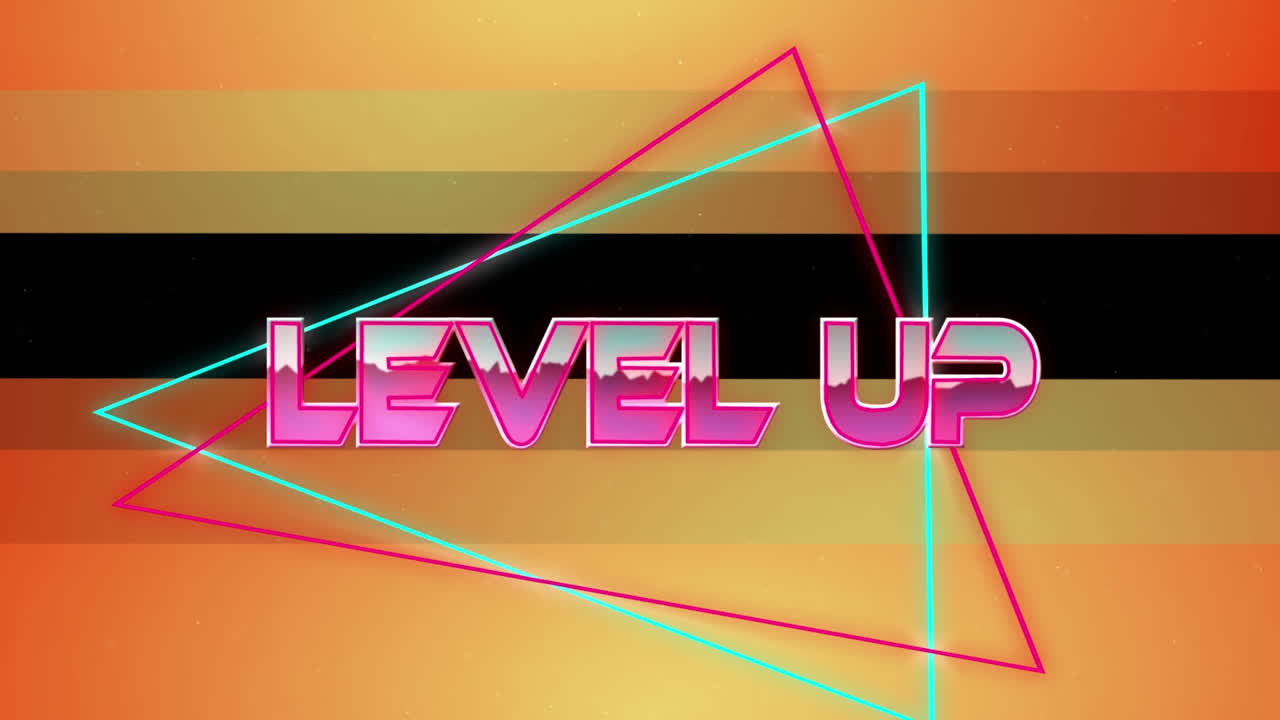 Animação de texto 'level up' sobre trilhas de luz e moldura laranja em fundo preto