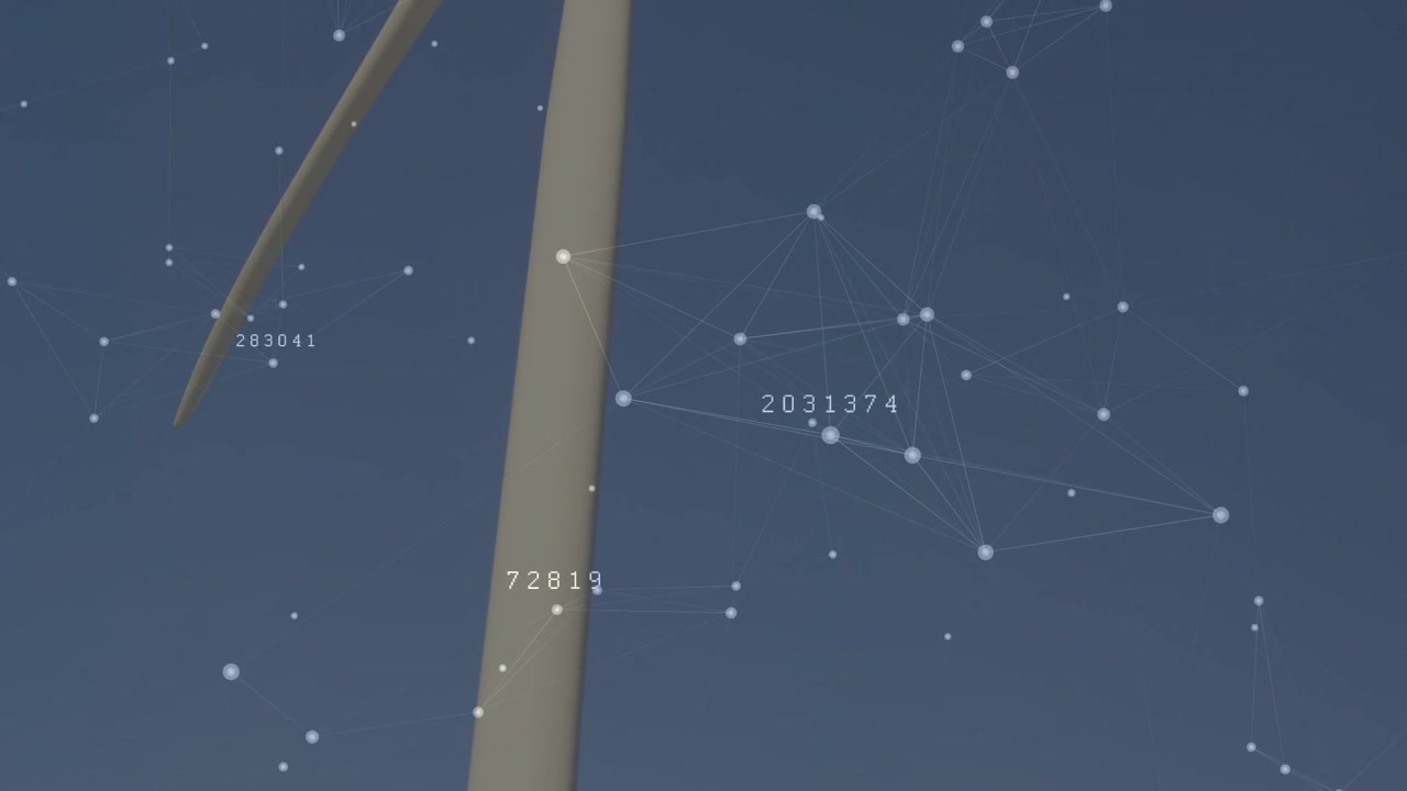 Camera tilting up wind turbine tower, overlay nodes shifting and relabeling, visualizing metrics