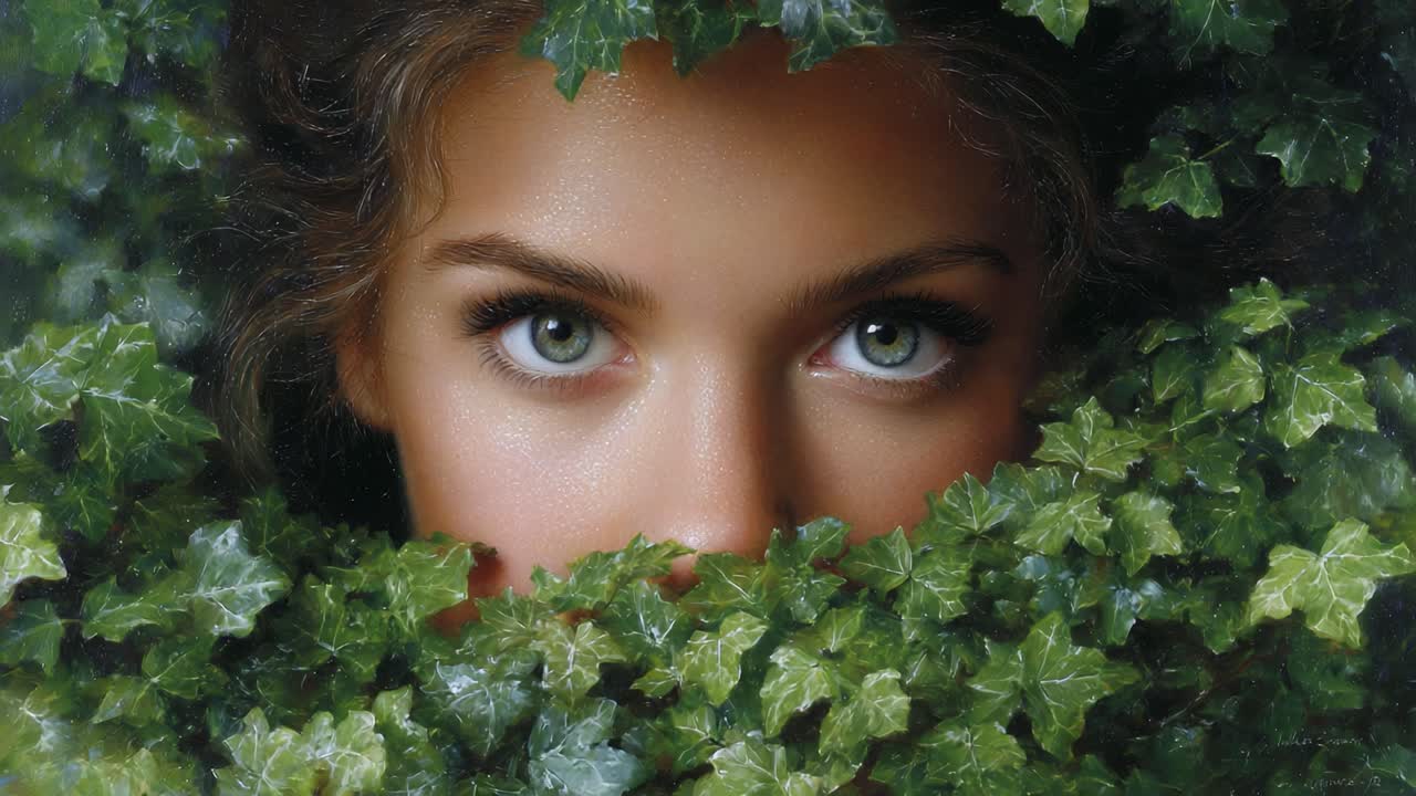 A Young Woman Gazes Intently Through Lush Green Leaves, Captivating Eyes Framed by Nature's Embrace, Evoking Mystery and Enchantment in the Wilderness