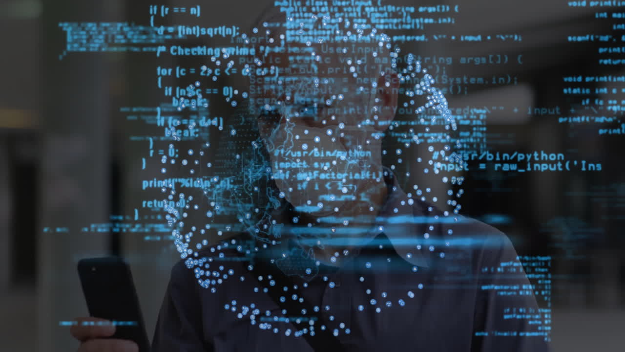 Elderly man using smartphone with digital data and code overlay animation