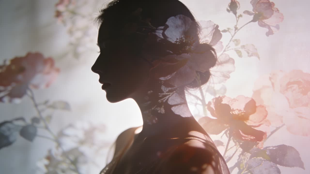 Standing woman facing left with bun at studio, projector warming floral overlay, creating portrait