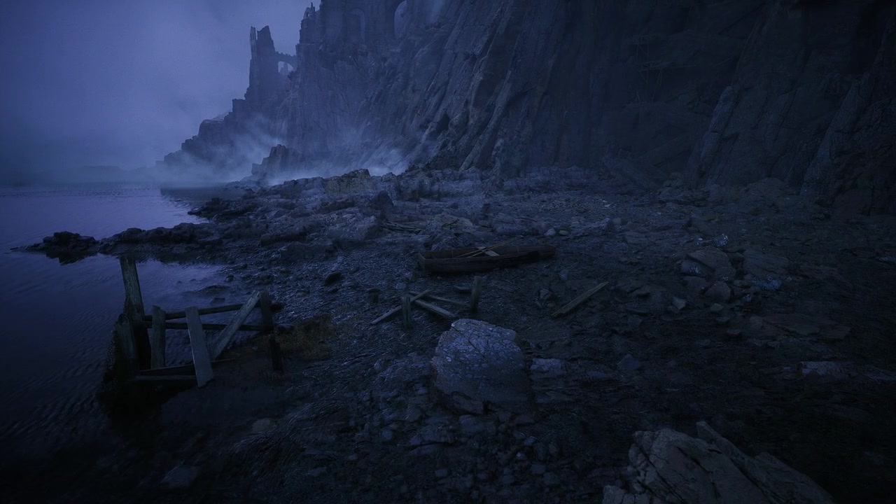 Coastal scene imagery low angle view captures coastline with fog and stones