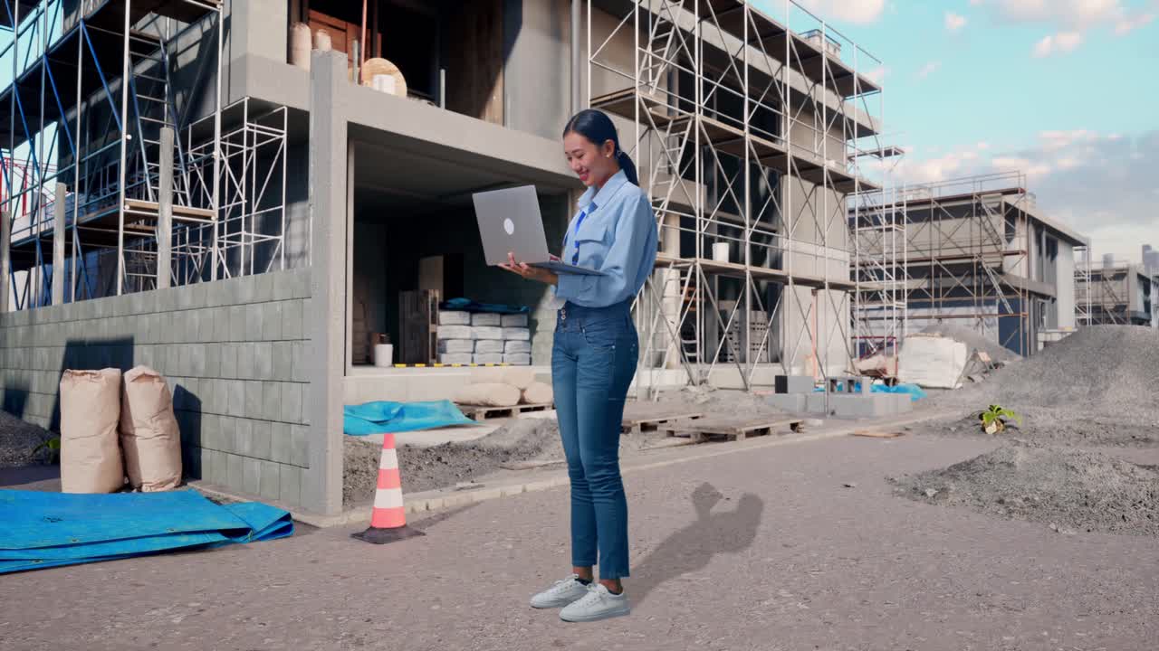 Full Body Side View Of Asian Female At Construction Site in Progress to New House, Observes By Looking Up Before She Come To Concentrating On The Laptop And Keep On Typing