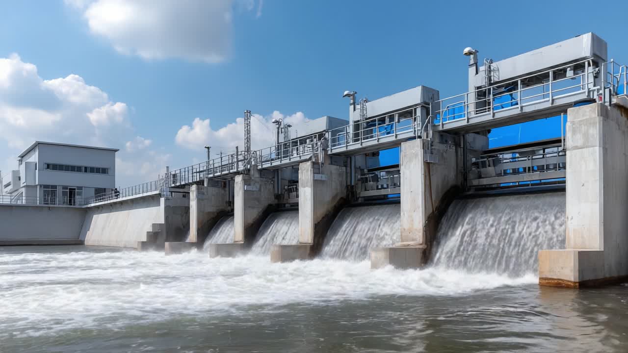 A Stunning Overview of a Modern Hydroelectric Facility Showcasing Water Flow Through Gates Against a Bright Blue Sky in a Serene Environment