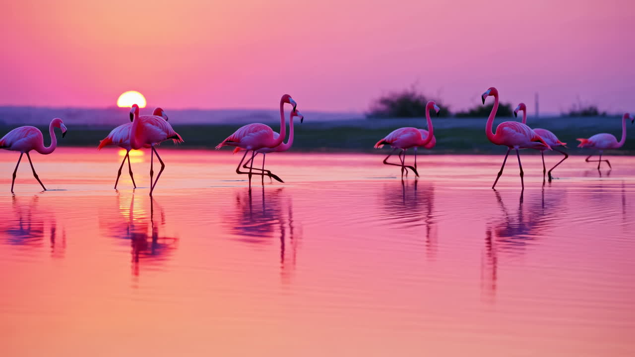 Pink Flamingos Wading in a Lake at Sunset with Vibrant Reflections