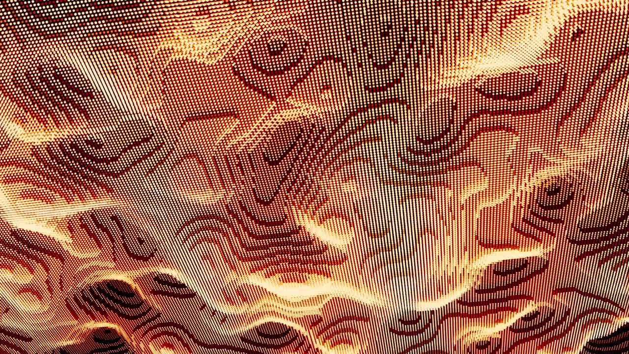 superficie ondulada con ondas y granos, bucle sin costuras. animación. textura de píxeles vibrante 3d de color naranja, fondo futurista y tecnológico.