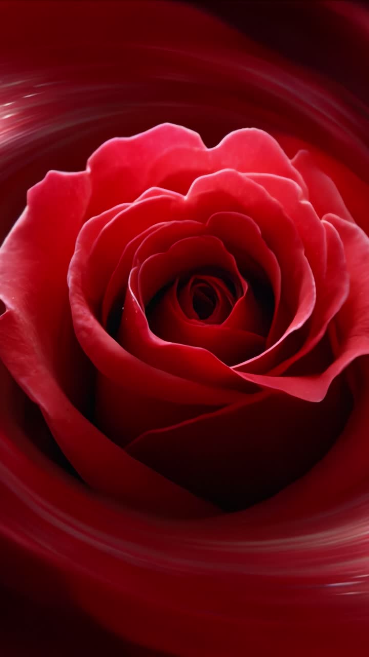 Uno straordinario primo piano di una rosa rossa vibrante, che cattura la complessità dei suoi petali e le morbide curve, riflettendo la bellezza della natura e l'essenza dell'amore in una visualizzazione ipnotica